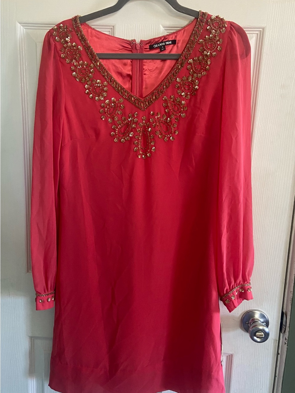 Gianni Bini Coral Pink Beaded V-Neck Long Sleeve Dress